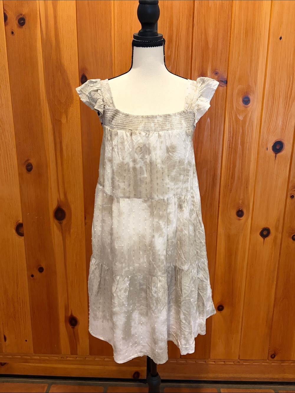 By the River NWT Sage Green White Swiss Dot Tiered Mini Dress Size Small